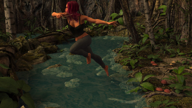 Обои картинки фото 3д графика, fantasy , фантазия, река, полет, девушка, лес, грибы