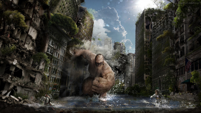 Обои картинки фото alexander koshelkov, фэнтези, существа, великан, alexander, koshelkov, чудовище, монстр, постапокалипсис, здания, вода