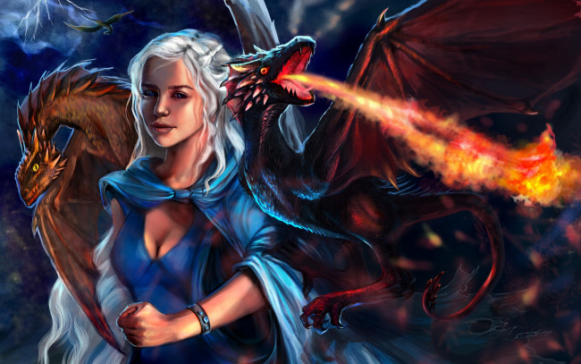 Обои картинки фото фэнтези, красавицы и чудовища, пламя, дракон, девушка, арт, game of thrones, daenerys targaryen