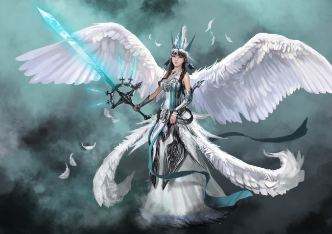 Обои картинки фото фэнтези, ангелы, меч, крылья, арт, angel, ангел, фантастика, перья, оружие, девушка