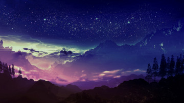 Картинка рисованное природа пейзаж горы звёздное небо восход