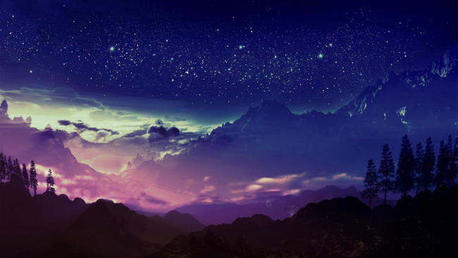 Обои картинки фото рисованное, природа, пейзаж, горы, звёздное, небо, восход