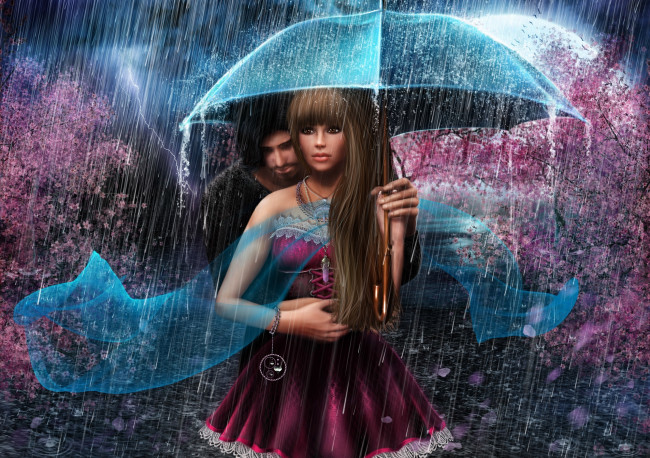 Обои картинки фото рисованное, люди, девушка, зонт, романтика, дождь, молния, парень