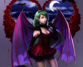 Картинка фэнтези демоны платье полумесяц луна крылья вампир аниме арт девушка