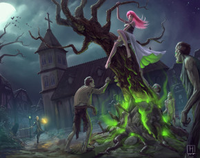 Картинка фэнтези нежить луна ночь магия дерево арт страх девушка зомби