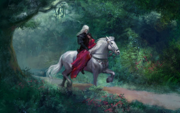 Картинка фэнтези люди конь пара лес
