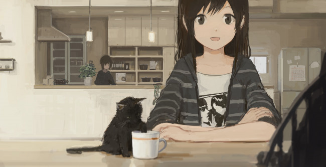 Обои картинки фото аниме, животные,  существа, shion, mirudakemann, котёнок, девочка