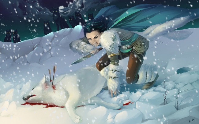 Обои картинки фото фэнтези, красавицы и чудовища, зима, нож, волки, снег, девушка