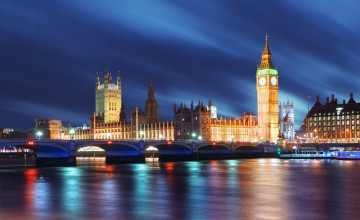 Картинка города лондон+ великобритания вечер огни река мост темза биг бен