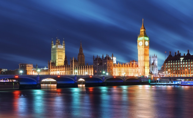 Обои картинки фото города, лондон , великобритания, вечер, огни, река, мост, темза, биг, бен