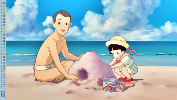 Картинка календари аниме водоем песок девочка мальчик взгляд