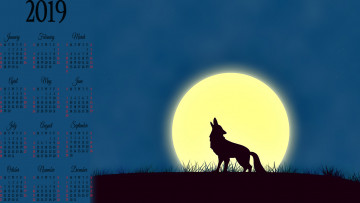 Картинка календари рисованные +векторная+графика луна волк вой ночь