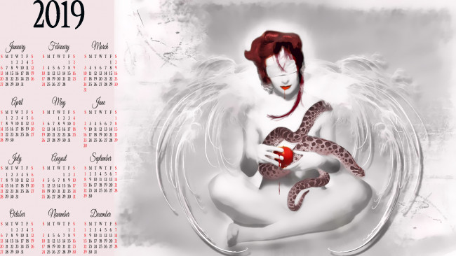 Обои картинки фото календари, фэнтези, змея, яблоко, девушка