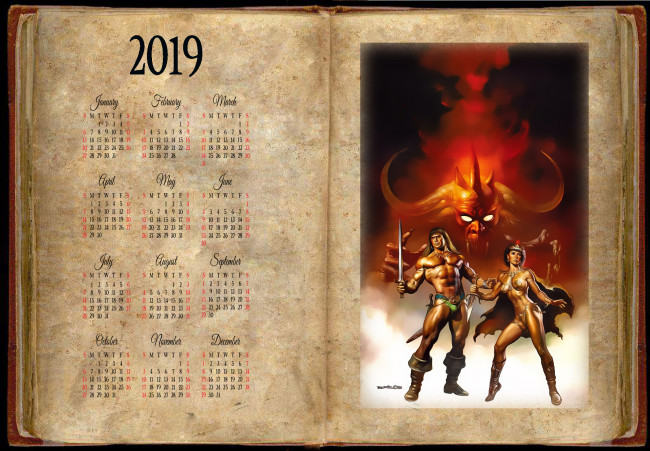 Обои картинки фото календари, фэнтези, книга, монстр, девушка, мужчина, демон