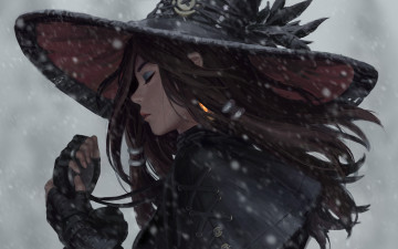 обоя фэнтези, _guweiz, девушка, шляпа, снег