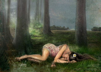 Картинка рисованные люди дождь девушка лес