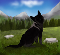 Картинка рисованные животные собаки трава собака лес горы