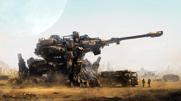 Картинка фэнтези роботы киборги механизмы орудие пустыня