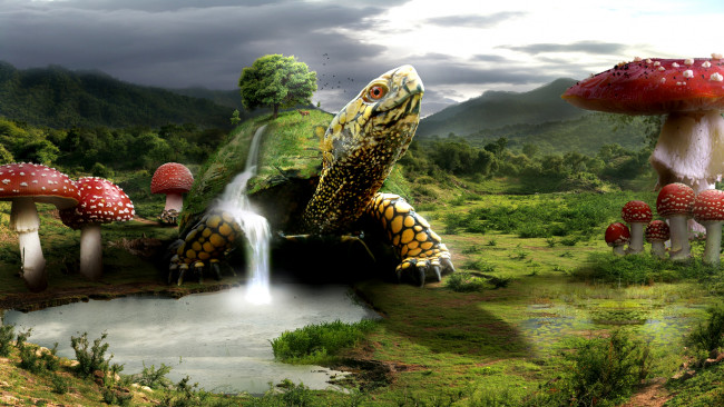 Обои картинки фото фентези, фэнтези, существа, черепаха, грибы, фантасмогория, 3d