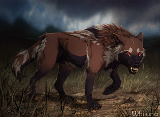 Картинка рисованные животные +гиены коричневый зверь трава красные глаза
