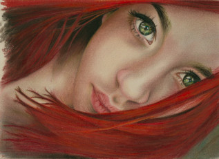 Картинка рисованные люди шея губы зеленые взгляд глаза лицо волосы рыжая девушка