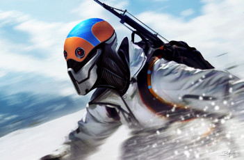 Картинка фэнтези роботы +киборги +механизмы снег зима оружие арбалет горы шлем