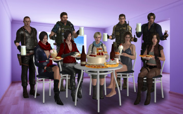 Картинка 3д+графика people+ люди торт праздник стол девушки парни