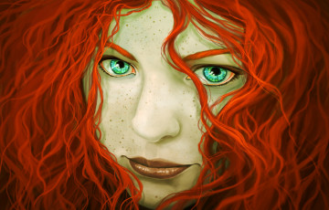 Картинка рисованные люди кудряшки зеленые глаза взгляд лицо веснушки волосы рыжая девушка