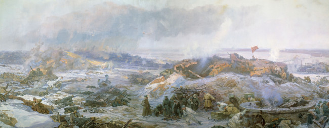Обои картинки фото рисованные, армия, сталинград, зима, дым, руины, солдаты, пехота