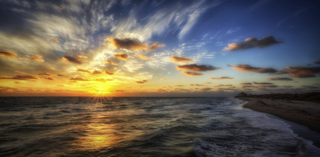 Обои картинки фото природа, восходы, закаты, заря, облака, волны, пляж, океан