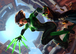 Картинка фэнтези девушки фантастика art zhang зеленый девушка костюм выстрелы пули взгляд