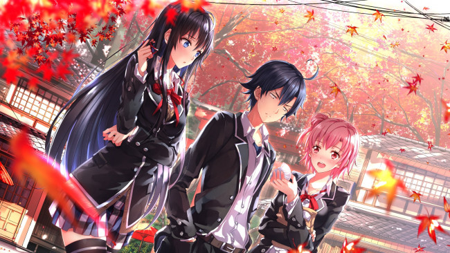 Обои картинки фото аниме, oregairu, арт, swordsouls, yukinoshita, yukino, yuigahama, yui, hikigaya, hachiman, yahari, ore, no, seishun, love, come, wa, machigatteiru, листья, деревья, осень, девушки, парень