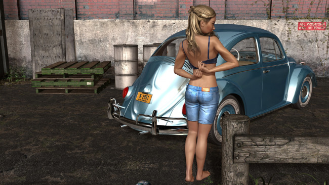 Обои картинки фото автомобили, 3d car&girl, взгляд, девушка, шорты, автомобиль, фон