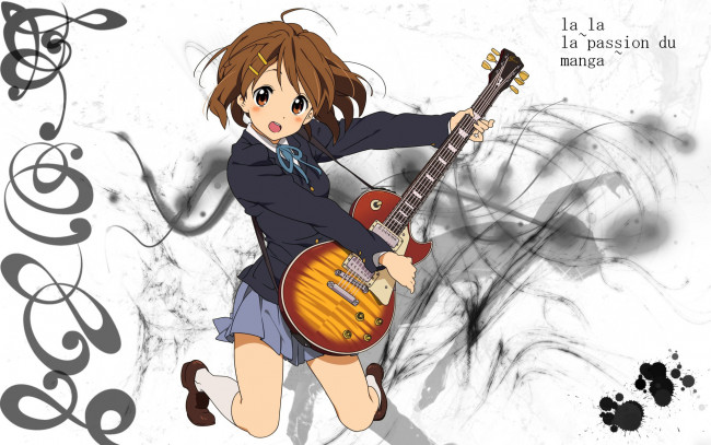 Обои картинки фото аниме, k-on, девушка, гитара, фон, взгляд