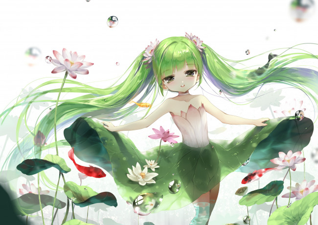 Обои картинки фото аниме, vocaloid, siloteddy, hatsune, miku, фея, девочка, арт, пузыри, цветы, рыбы