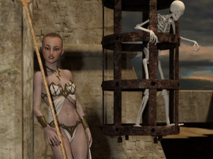 Картинка 3д+графика ужас+ horror скелет фон взгляд девушка