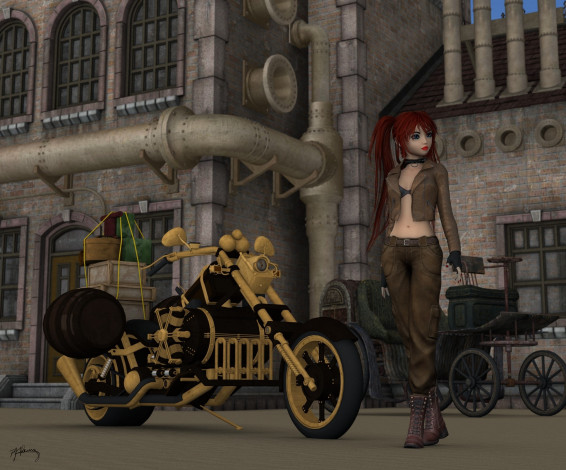 Обои картинки фото 3д графика, фантазия , fantasy, фон, взгляд, девушка, мотоцикл