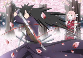 Картинка аниме naruto мадара кровь меч лепестки учиха сакура