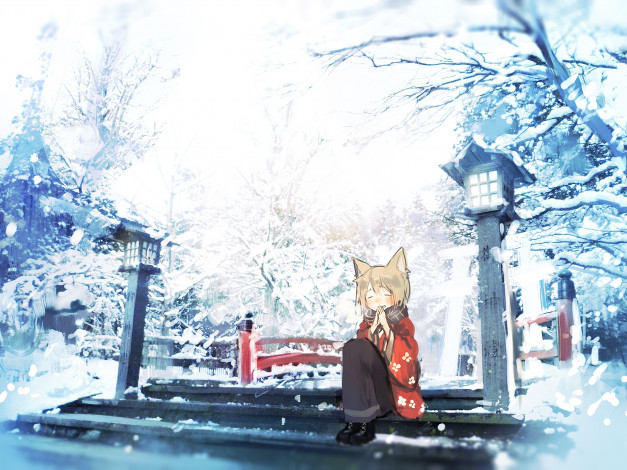 Обои картинки фото аниме, зима,  новый год,  рождество, фон, девушка, взгляд