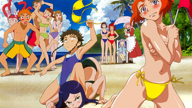 Обои картинки фото аниме, unknown,  другое, парни, девушки, купальники, пляж, море, флажок