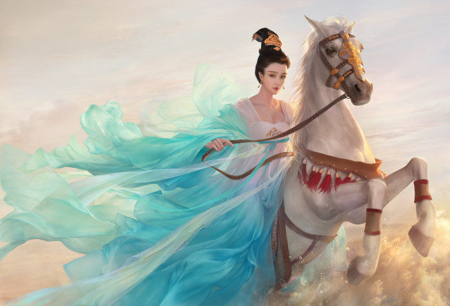 Обои картинки фото фэнтези, девушки, лошадь, рисунок, девушка, арт, asian, princess