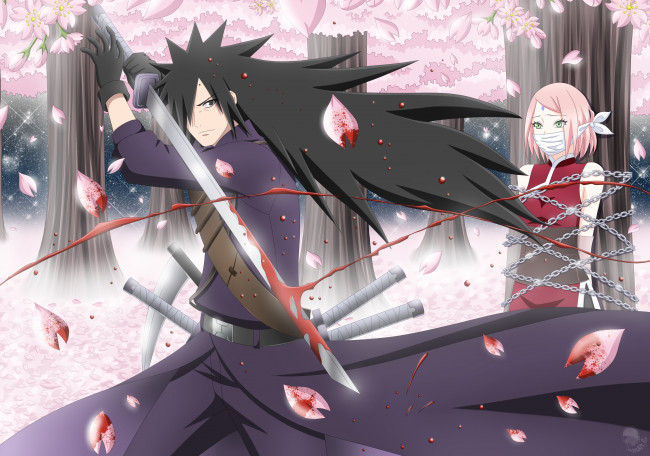 Обои картинки фото аниме, naruto, мадара, кровь, меч, лепестки, учиха, сакура