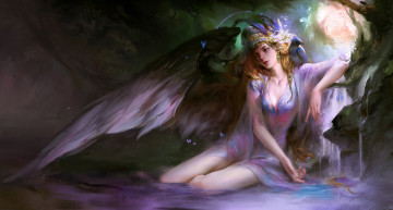 обоя фэнтези, ангелы, девушка, фон, взгляд, крылья
