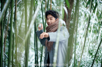 обоя мужчины, xiao zhan, актер, шарф, пальто, снежок, лес, бамбук