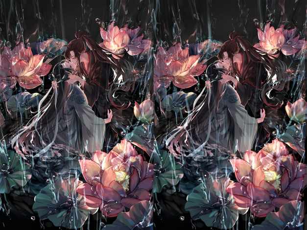Обои картинки фото аниме, mo dao zu shi, вэй, усянь, лань, ванцзи, поцелуй, цветы