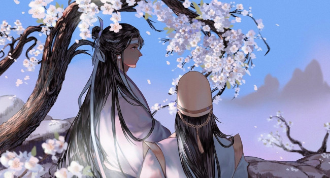 Обои картинки фото аниме, mo dao zu shi, лань, сичэнь, цзинь, гуанъяо, цветение, дерево