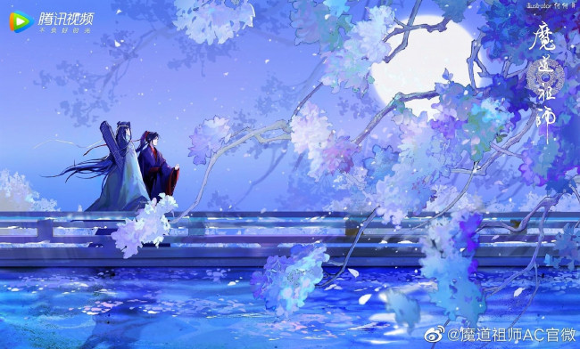 Обои картинки фото аниме, mo dao zu shi, вэй, усянь, лань, ванцзи, цветение, мост