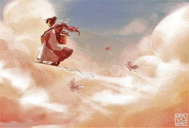 Обои картинки фото аниме, mo dao zu shi, лань, ванцзи, вэй, усянь, меч, полет, облака