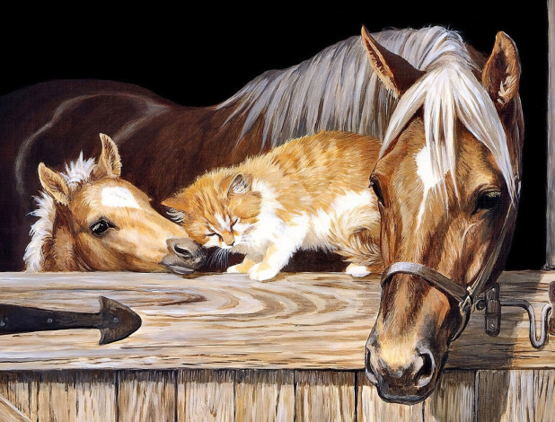 Обои картинки фото рисованное, животные, лошадь, жеребенок, кошка, стойло