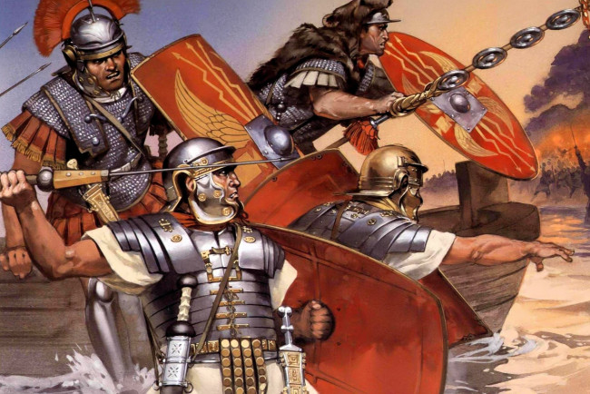 Обои картинки фото рисованное, армия, воины, римляне, лодка, пожар